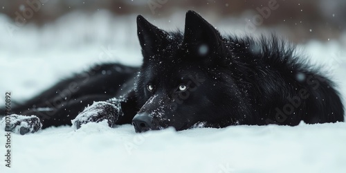 photo of a black dire wolf laying down in the snow, skinny and weak 