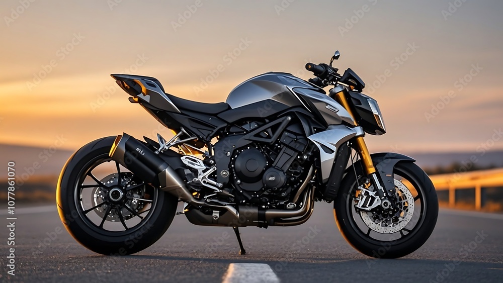 Fototapeta premium A sleek motorcycle parked on an empty road at sunset - A detailed illustration of a modern motorcycle with shiny chrome parts, parked on an empty road with the warm colors of the sunset reflecting off