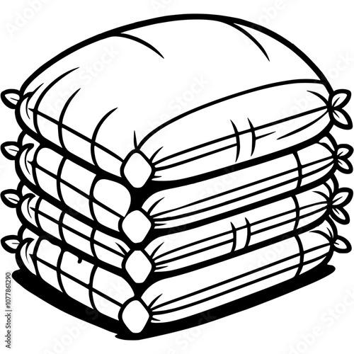 Stack of bags filled with bulk building materials in monochrome. Simple minimalistic vector in black ink drawing on transparent background