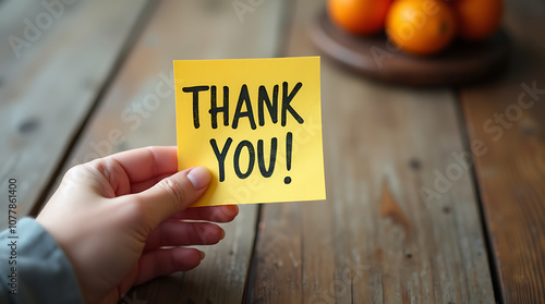 Hand holding a ‘THANK YOU!’ sticky note on a rustic wooden table. photo