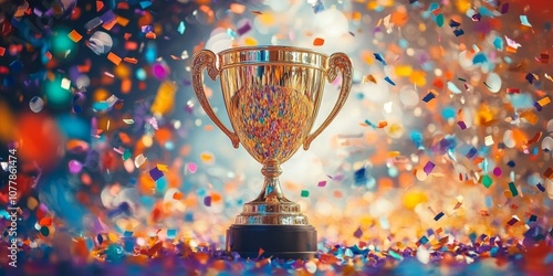 A gleaming gold winners trophy cup takes centre stage, surrounded by a festive explosion of colorful celebration confetti and sparkling glitter, symbolizing victory and success in a competition.