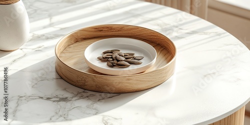 a close-up of a wooden tray filled with pumpkin seeds, nuts, walnuts, corn kernels, sunflower seeds, and cashews on a light-colored marble tabletop. This composition reflects themes of healthful livin photo