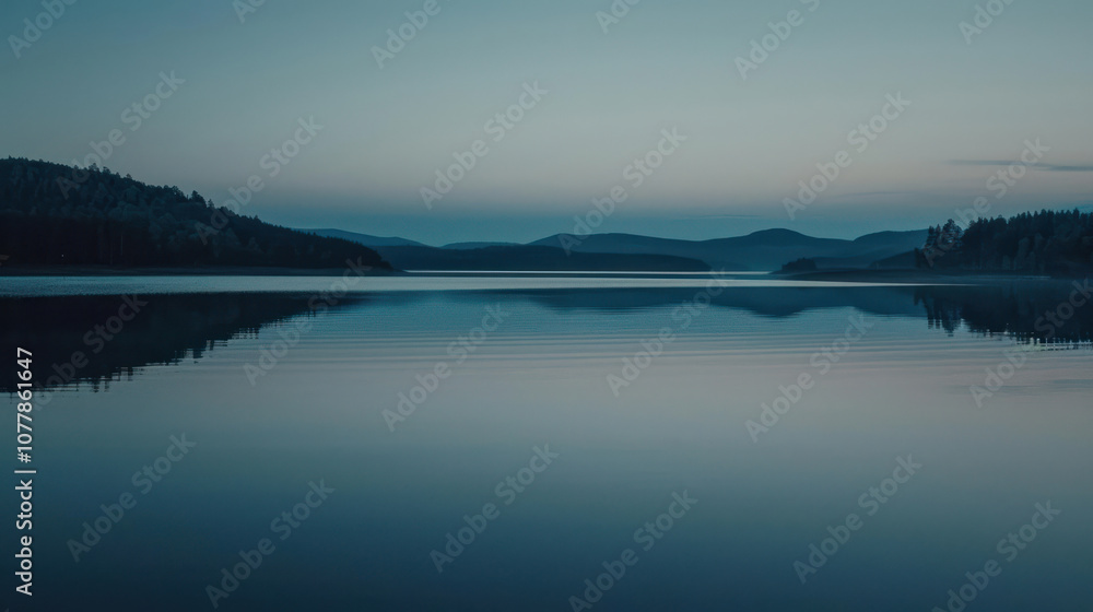 A calm lake at dusk, the water so still it perfectly mirrors the fading light and distant mountains A calm lake at dusk, the water so still it perfectly mirrors the fading light and distant mountains