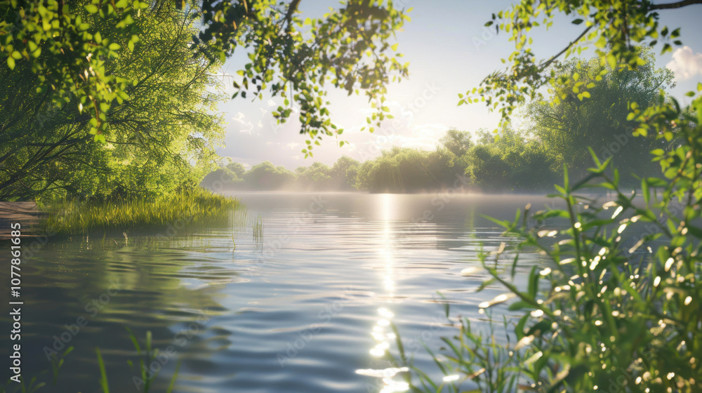A calm lake on a warm summer day, the sunlight dancing on the surface of the water, creating a lively and inviting scene A calm lake on a warm summer day, the sunlight dancing on the surface of the water, creating a lively and inviting scene