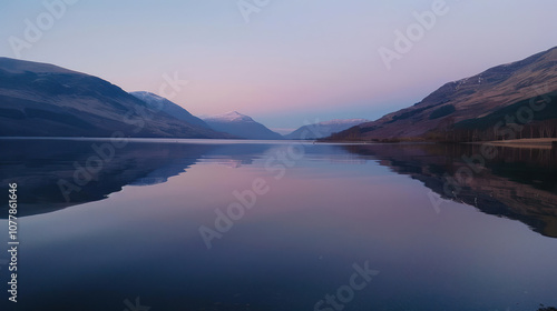 A calm lake at dusk, the water so still it perfectly mirrors the fading light and distant mountains