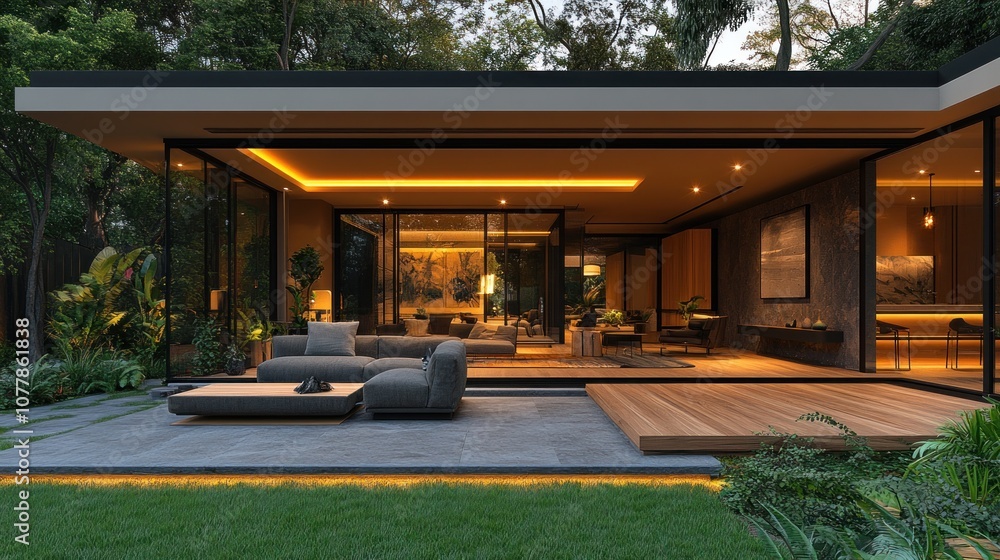 Obraz premium Modern home with open design and lush outdoor space.