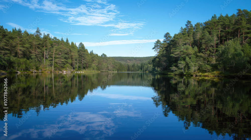 A calm lake surrounded by dense, towering trees, the reflection of the forest perfectly mirrored in the water below A calm lake surrounded by dense, towering trees, the reflection of the forest perfectly mirrored in the water below