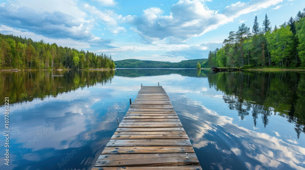 A calm lake with a rustic wooden pier stretching out over the water, creating a perfect spot for reflection and relaxation A calm lake with a rustic wooden pier stretching out over the water, creating a perfect spot for reflection and relaxation