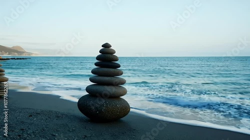 blue sea symbolizing balance harmony 4K footage provides peaceful serene visual llness nature themed videos meditation stack peace stone coast tower water pebble stability relaxation photo