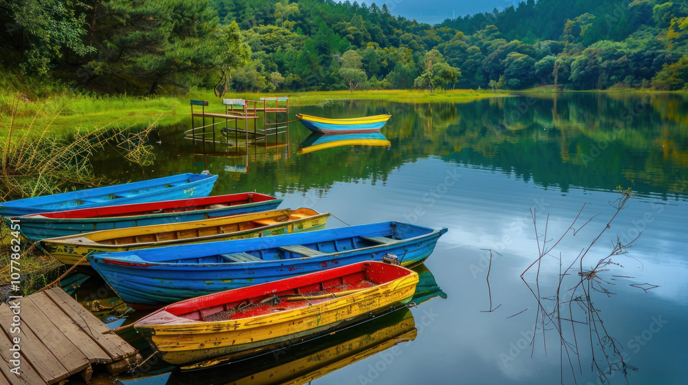 A calm lake with colorful wooden boats tied to a small dock, the water reflecting the vibrant scene A calm lake with colorful wooden boats tied to a small dock, the water reflecting the vibrant scene