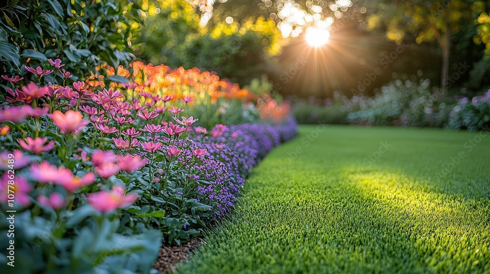 A vibrant garden scene with blooming flowers and lush green grass illuminated by sunlight. A vibrant garden scene with blooming flowers and lush green grass illuminated by sunlight.