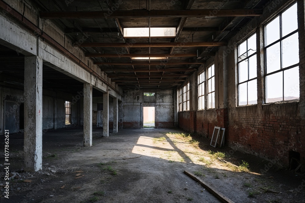 Artistic Abandoned Warehouse with Natural Light Beaming Through an Urban Environment Artistic Abandoned Warehouse with Natural Light Beaming Through an Urban Environment