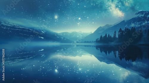 Wallpaper Mural A calm mirror-like lake at night, perfectly reflecting the starry sky above, creating a surreal and peaceful atmosphere Torontodigital.ca