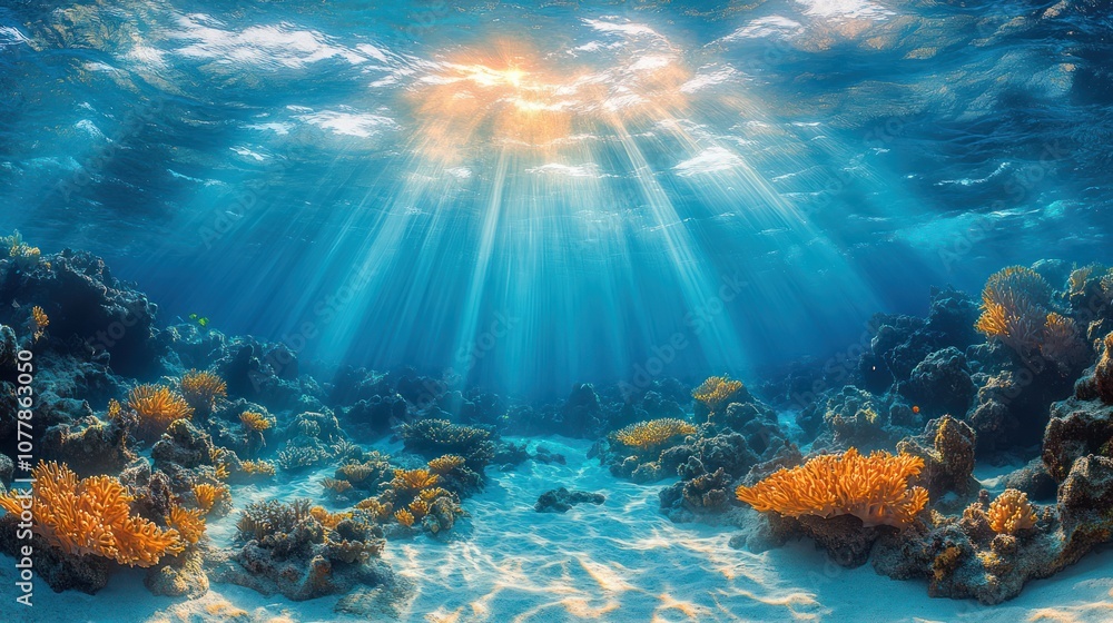 Obraz premium Sunbeams illuminate a vibrant coral reef underwater.