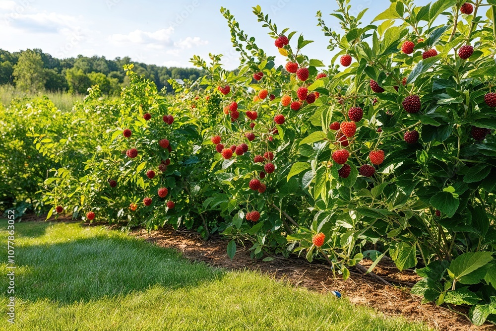 A Berry Grove Border in a Bright Landscape Capturing Summer Harvest and Organic Growth A Berry Grove Border in a Bright Landscape Capturing Summer Harvest and Organic Growth