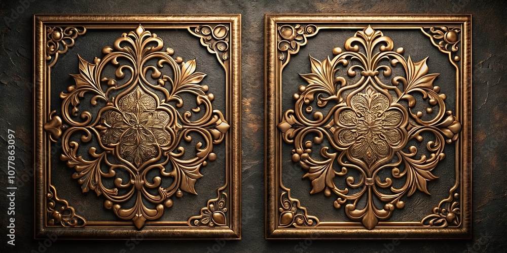 Ornate Gold Embellishments on Dark Surface Decorative Frames with Intricate Floral Designs Ornate Gold Embellishments on Dark Surface Decorative Frames with Intricate Floral Designs