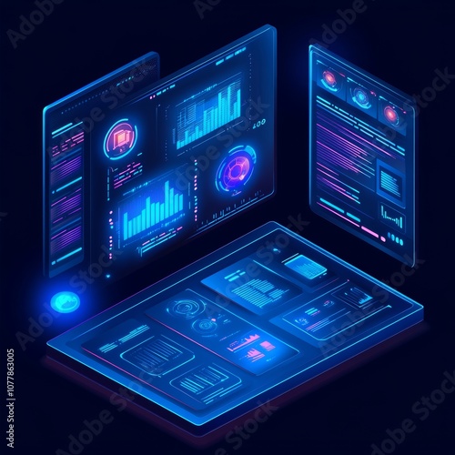 an isometric vector image about Design of an AI interface to provide tutorials, dark blue background and blue colour scheme 