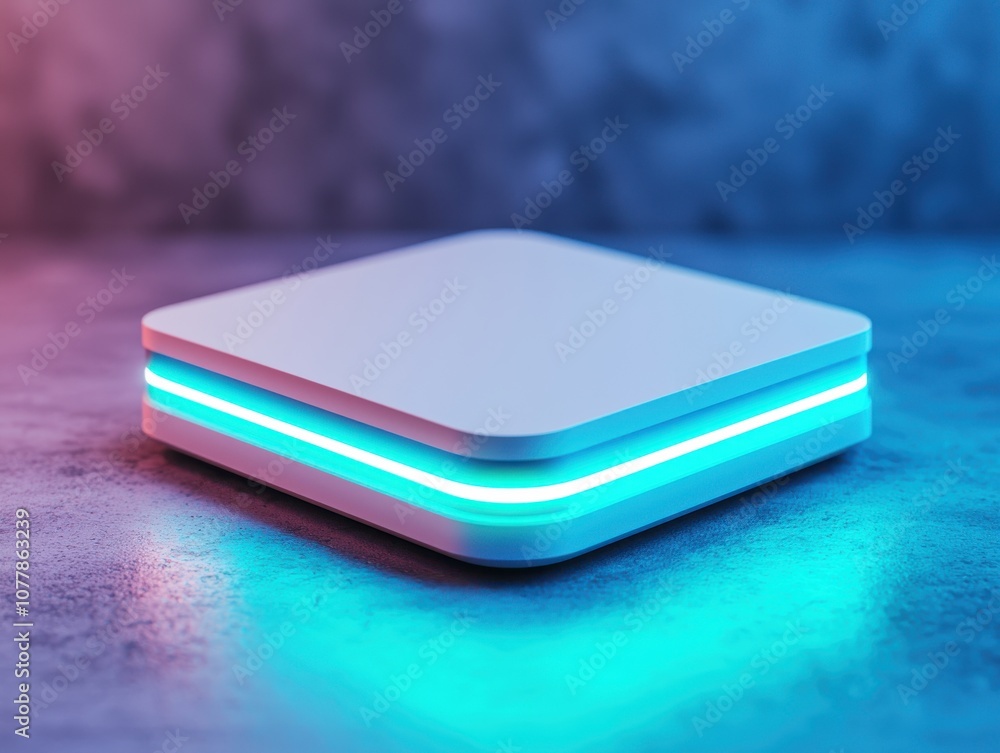 A sleek, modern device emitting blue and pink lights, showcasing minimalistic design with an emphasis on technology and aesthetics. A sleek, modern device emitting blue and pink lights, showcasing minimalistic design with an emphasis on technology and aesthetics.