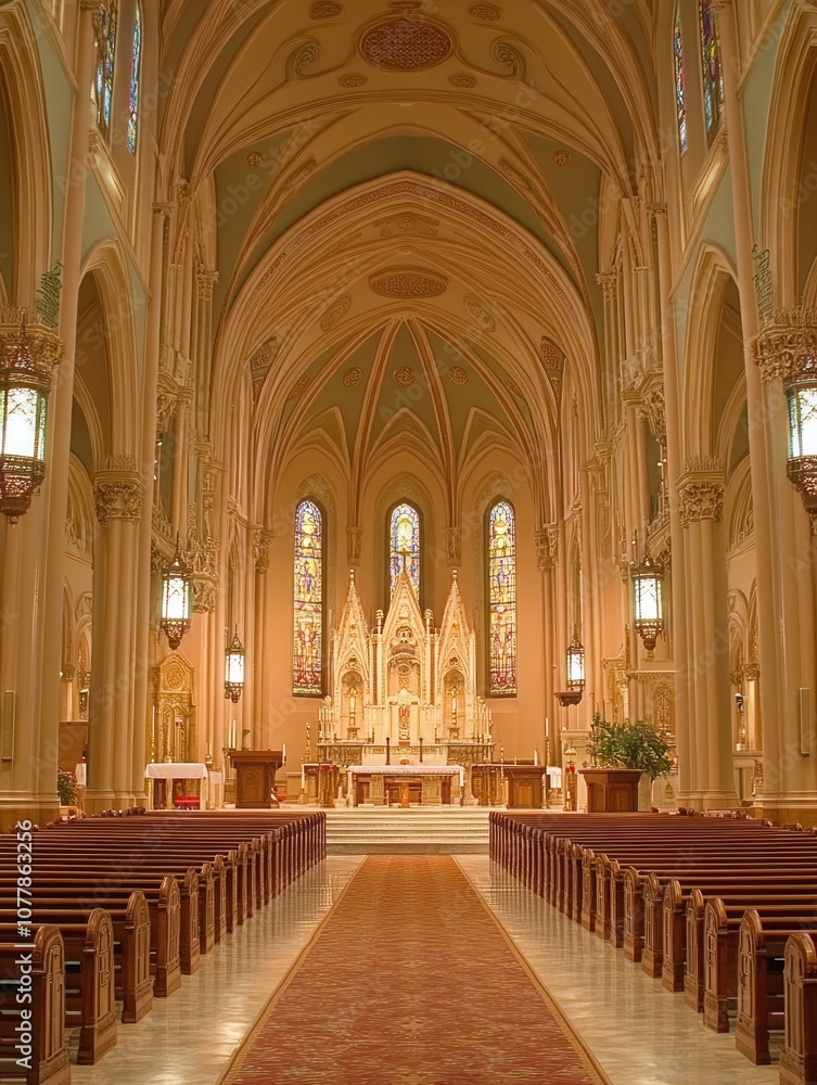 Fototapeta premium Interior of a grand church featuring an altar, pews, and stained glass windows.