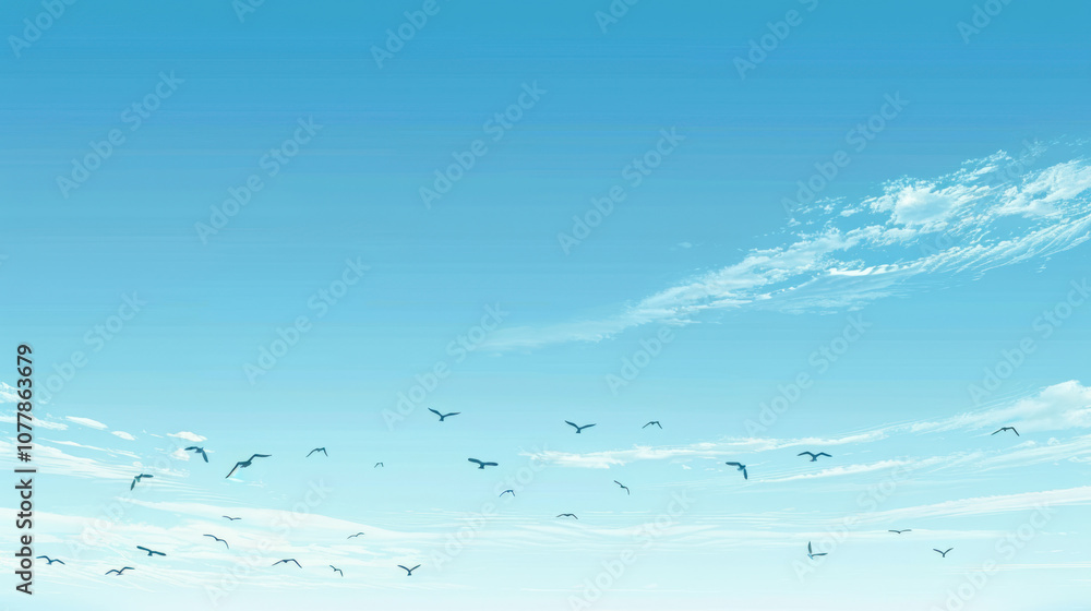 A clear blue sky with a flock of birds soaring high, their silhouettes graceful against the vast openness A clear blue sky with a flock of birds soaring high, their silhouettes graceful against the vast openness