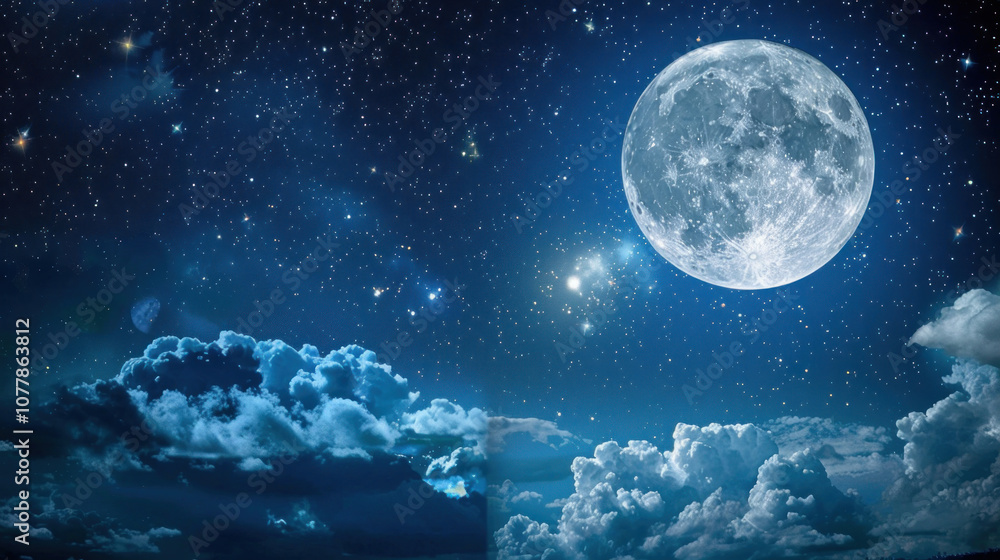A clear night sky with a full moon shining brightly, surrounded by twinkling stars in the vast darkness A clear night sky with a full moon shining brightly, surrounded by twinkling stars in the vast darkness