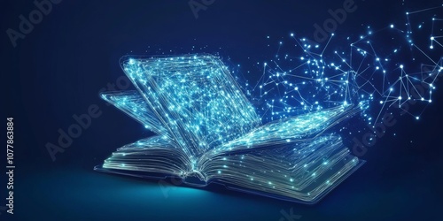 Artificial intelligence creating an e-book with polygonal design of interconnected lines and points on a blue background 