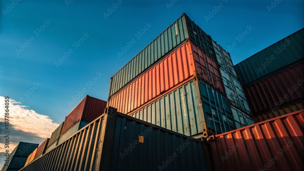 Fototapeta premium Vibrant Silhouette of Stacked Shipping Containers Against a Clear Blue Sky