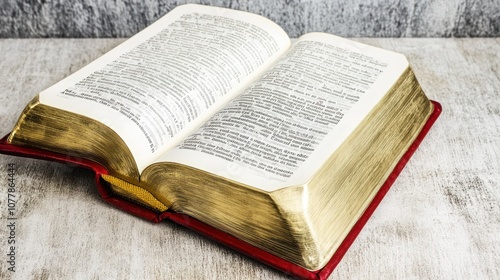 An open book with thick, gilded pages, resting on a textured surface.