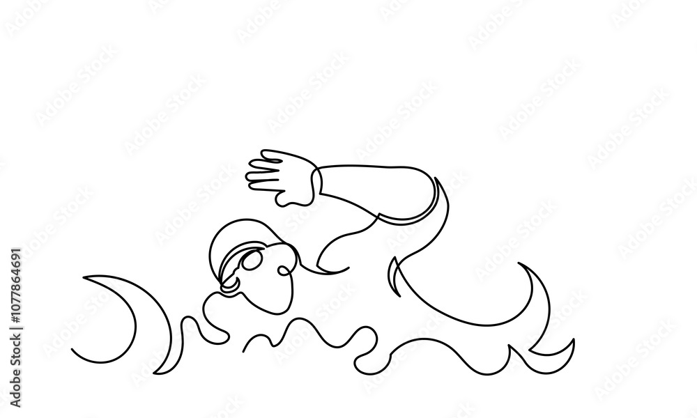 Fototapeta premium Continuous line drawing of young muscular man Swimmer performing butterfly stroke.line art swimmer athlete concept vector illustration isolated on a white background.