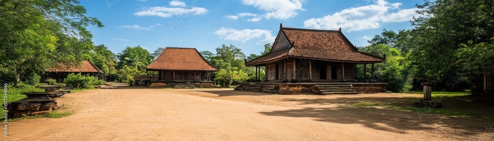 Serene landscape featuring traditional wooden structures amidst lush greenery and blue skies. Serene landscape featuring traditional wooden structures amidst lush greenery and blue skies.