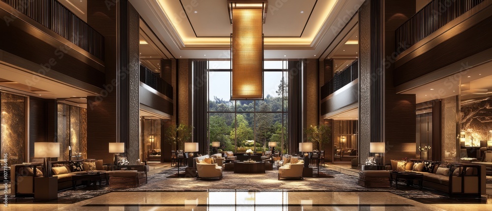 Luxurious hotel lobby with a large window overlooking a garden. Luxurious hotel lobby with a large window overlooking a garden.
