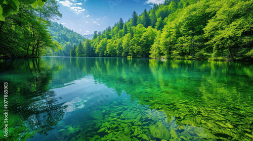 A crystal-clear lake with lush, dense forest surrounding it, the vibrant greens reflecting off the still surface of the water