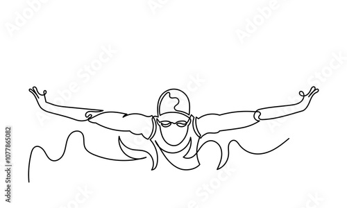 Continuous line drawing of young muscular man Swimmer performing butterfly stroke.line art swimmer athlete concept vector illustration isolated on a white background.