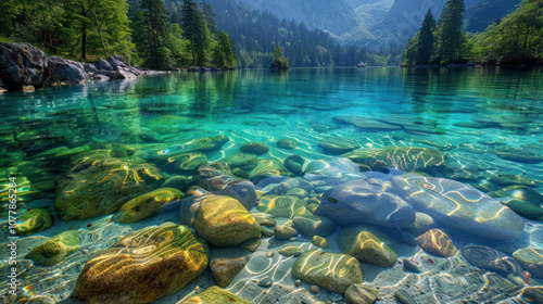 A crystal-clear lake with water so transparent that you can see the colorful rocks and fish below the surface