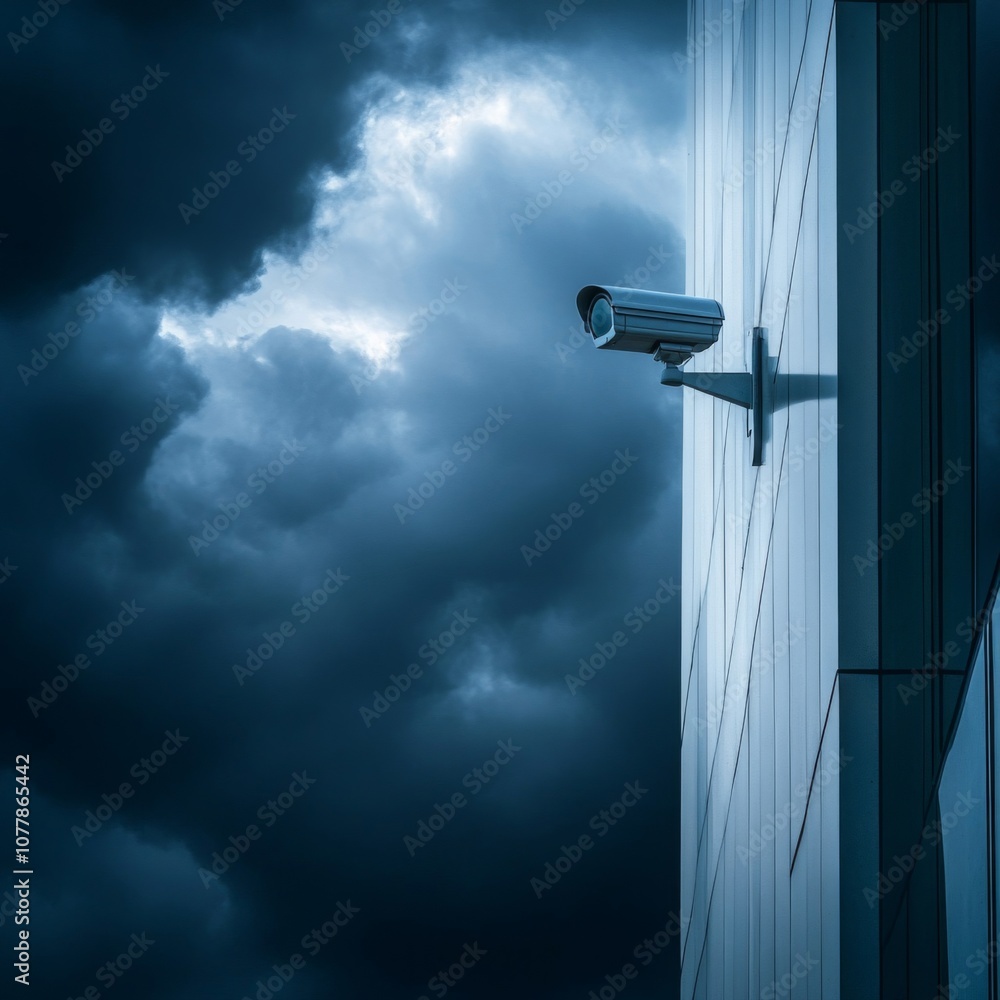 Security Camera Mounted on Modern Building Under Stormy Skies Security Camera Mounted on Modern Building Under Stormy Skies