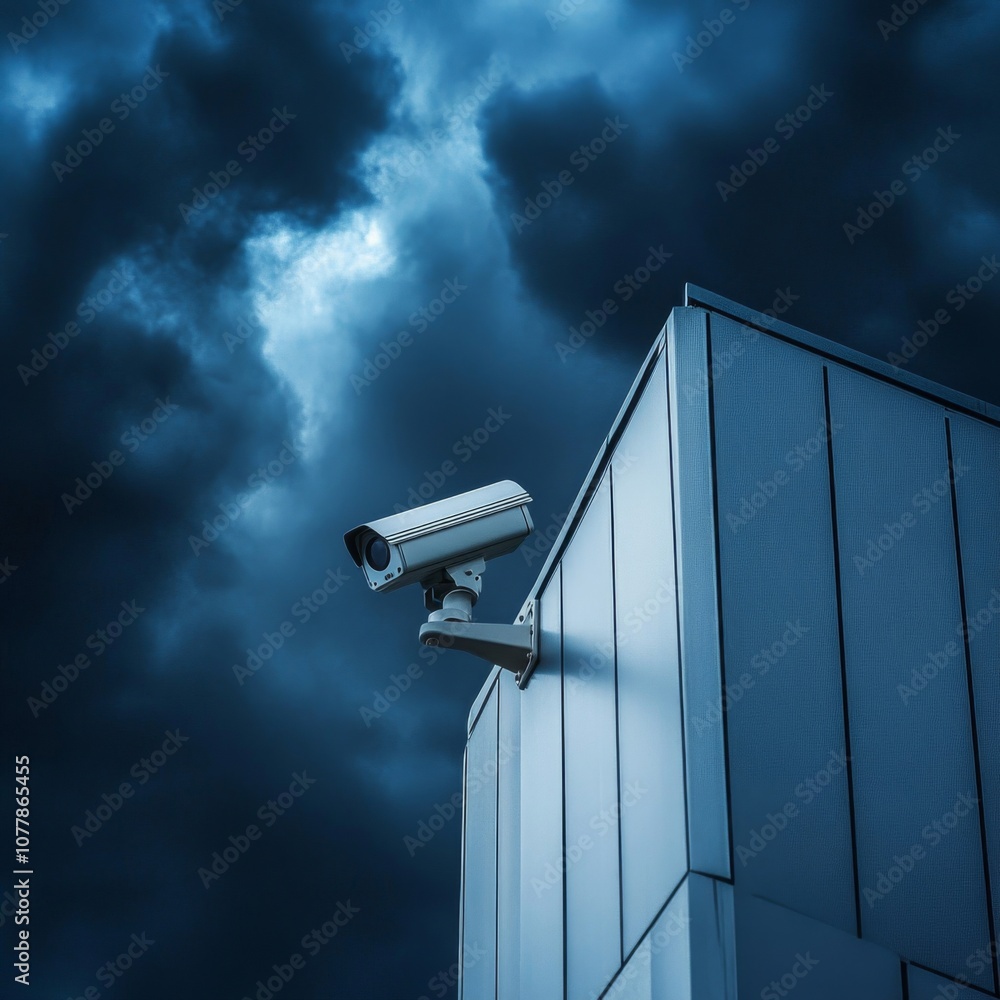 Surveillance Camera Mounted on a Building Against a Cloudy Sky Surveillance Camera Mounted on a Building Against a Cloudy Sky