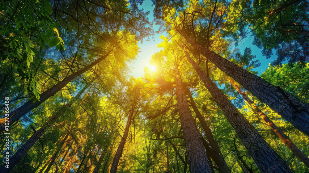 Obraz premium A deep blue sky with the sun shining through tall trees, the forest below bathed in dappled light