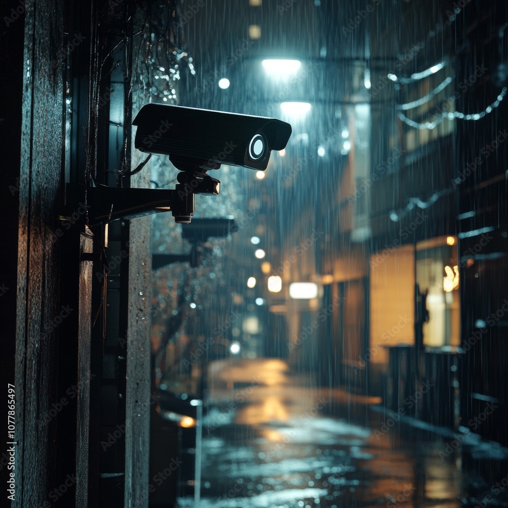 Security Camera Mounted on Wall in Rainy Alleyway Security Camera Mounted on Wall in Rainy Alleyway