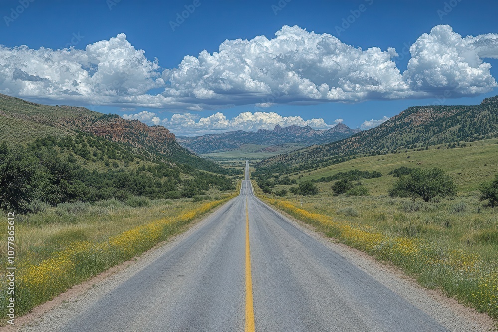 expansive empty asphalt road stretching through a vast desert landscape highlighting the freedom of adventure and exploration under a bright blue sky filled with fluffy clouds expansive empty asphalt road stretching through a vast desert landscape highlighting the freedom of adventure and exploration under a bright blue sky filled with fluffy clouds
