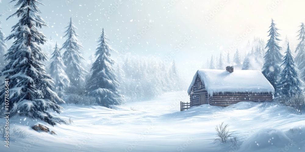 Fototapeta premium Winter wonderland scene with a snow-covered cabin, pine trees, and soft snowfall during Christmas