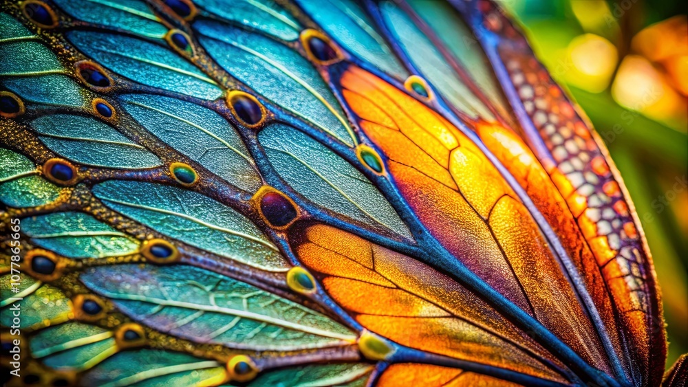 A close-up view of a butterfly wing's intricate pattern, showcasing the vibrant interplay of turquoise, orange, and purple hues, creating a mesmerizing visual symphony of nature's artistry.