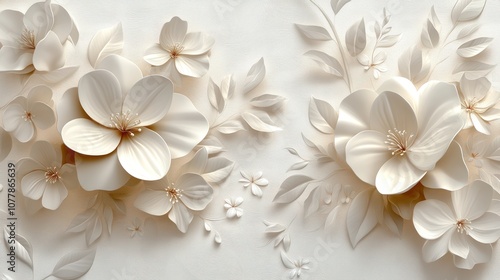 White paper flowers and leaves on a white background.