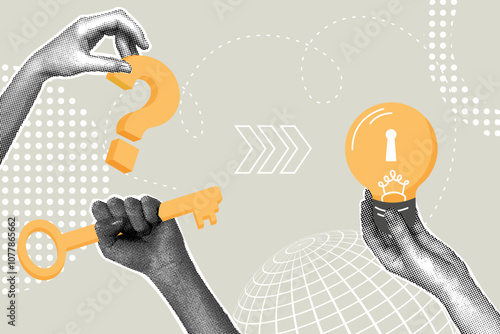 Fancy halftone collage. Concept of problem solving, finding the answer to solve a problem, picking a key to a new idea, key to find the answer to solve a problem and question, brainstorming, finding a