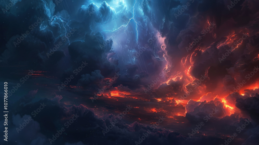 A dramatic night sky with flashes of lightning illuminating the dark clouds, creating a powerful, intense atmosphere A dramatic night sky with flashes of lightning illuminating the dark clouds, creating a powerful, intense atmosphere