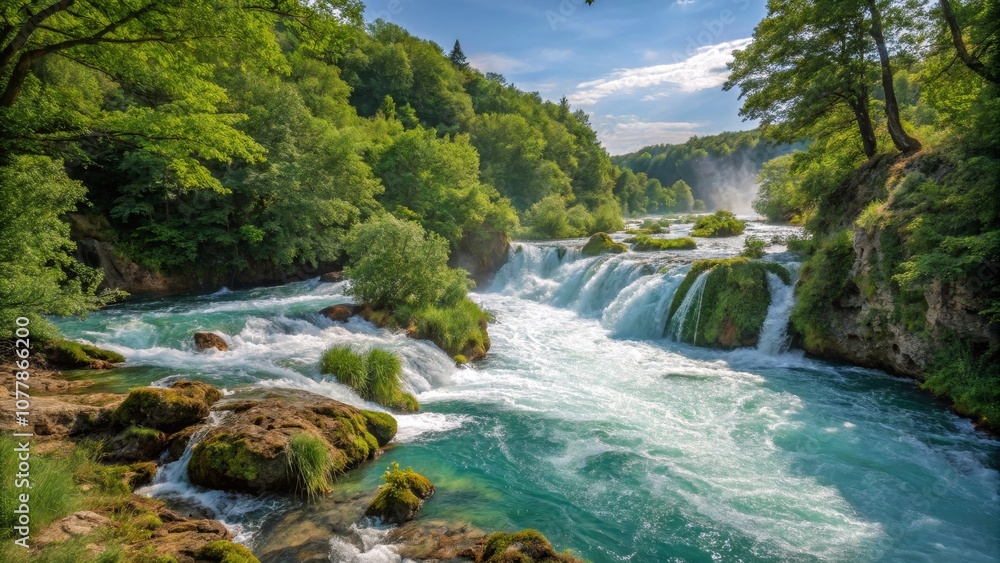 Obraz premium Hyperrealistic Product Photography of a Rapid River with Cascading Waterfalls in a Lush Forest, Capturing Nature's Beauty in 4K Detail