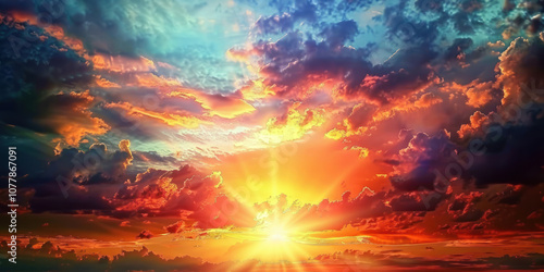 A dramatic sunrise with vibrant colors breaking through a cloudy sky, filling the horizon with light.