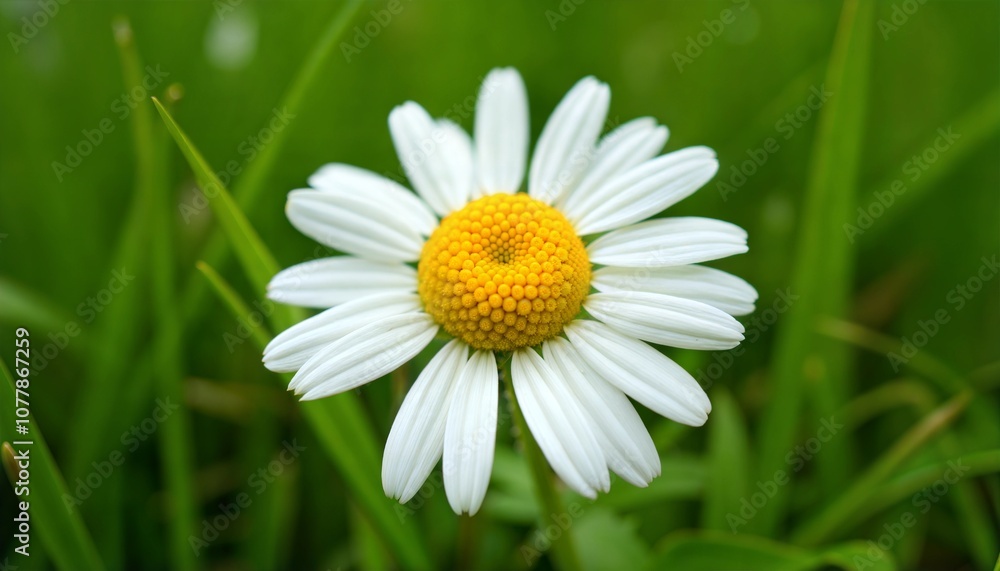 Fototapeta premium Close-up of a single daisy on a green grass background, symbolizing simplicity and tenderness in a minimalist composition