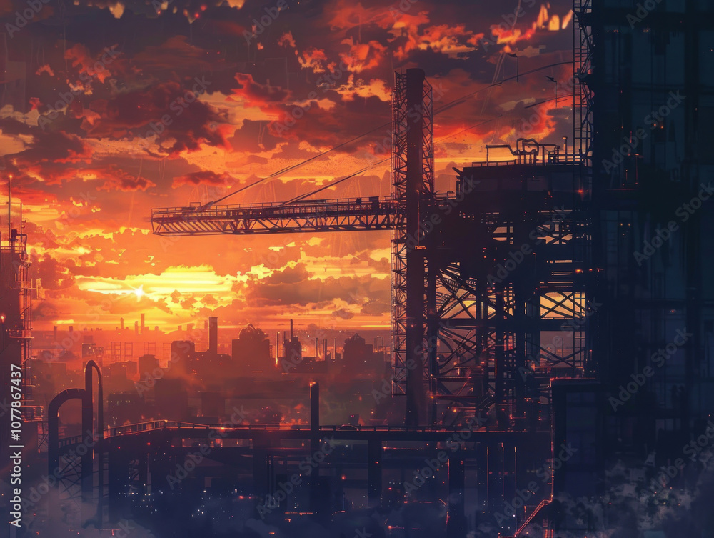 A dramatic sunset over an industrial skyline, the last light of day reflecting off the metal structures and creating a striking scene. A dramatic sunset over an industrial skyline, the last light of day reflecting off the metal structures and creating a striking scene.