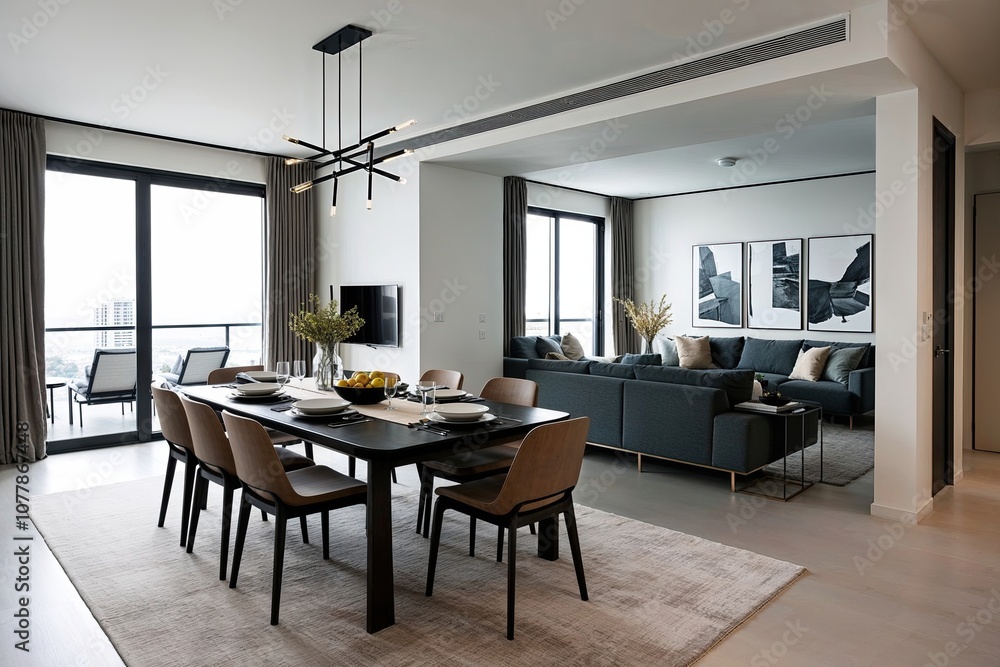Modern Minimalist Apartment Design Featuring Elegant Dining Space and Open Lounge Area Modern Minimalist Apartment Design Featuring Elegant Dining Space and Open Lounge Area