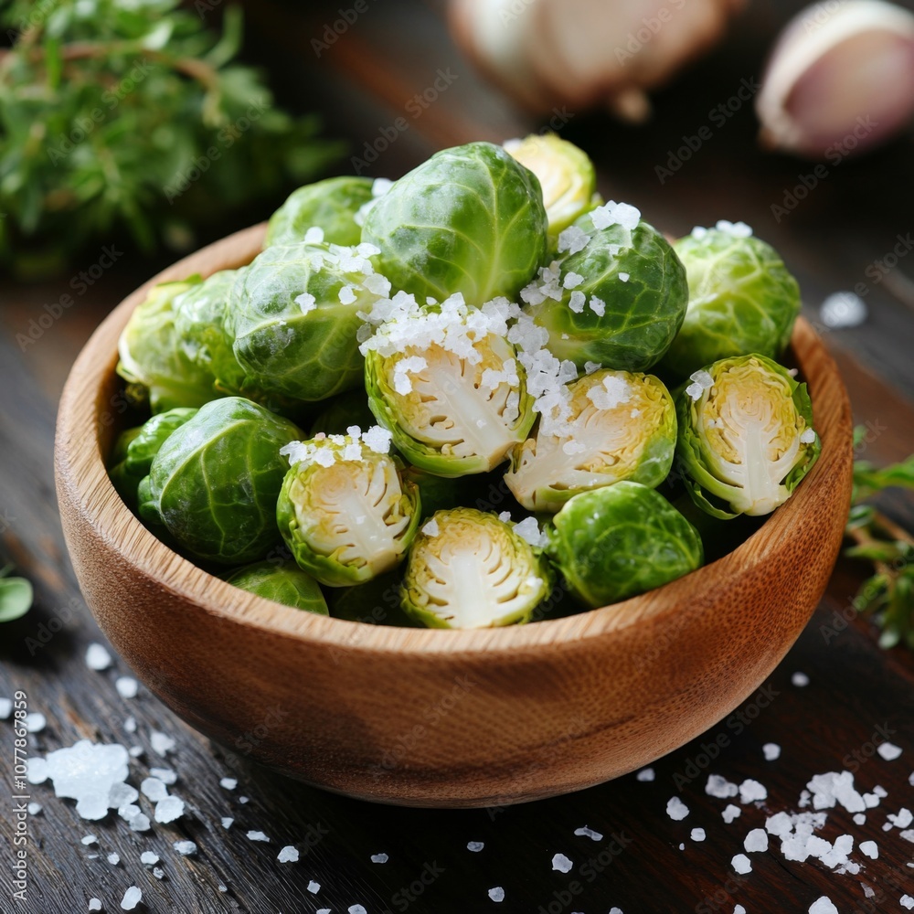 Salted and Roasted Brussels Sprouts in a Wooden Bowl Salted and Roasted Brussels Sprouts in a Wooden Bowl